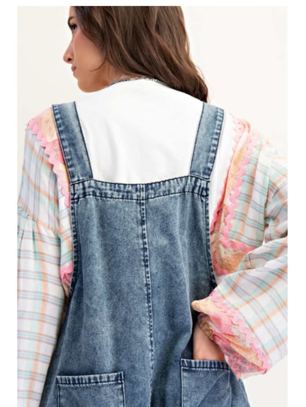 New:Easel Mixed Patchwork Flower Appliqué Boho Wide Leg Denim Jumper Overalls• M - Picture 5 of 7